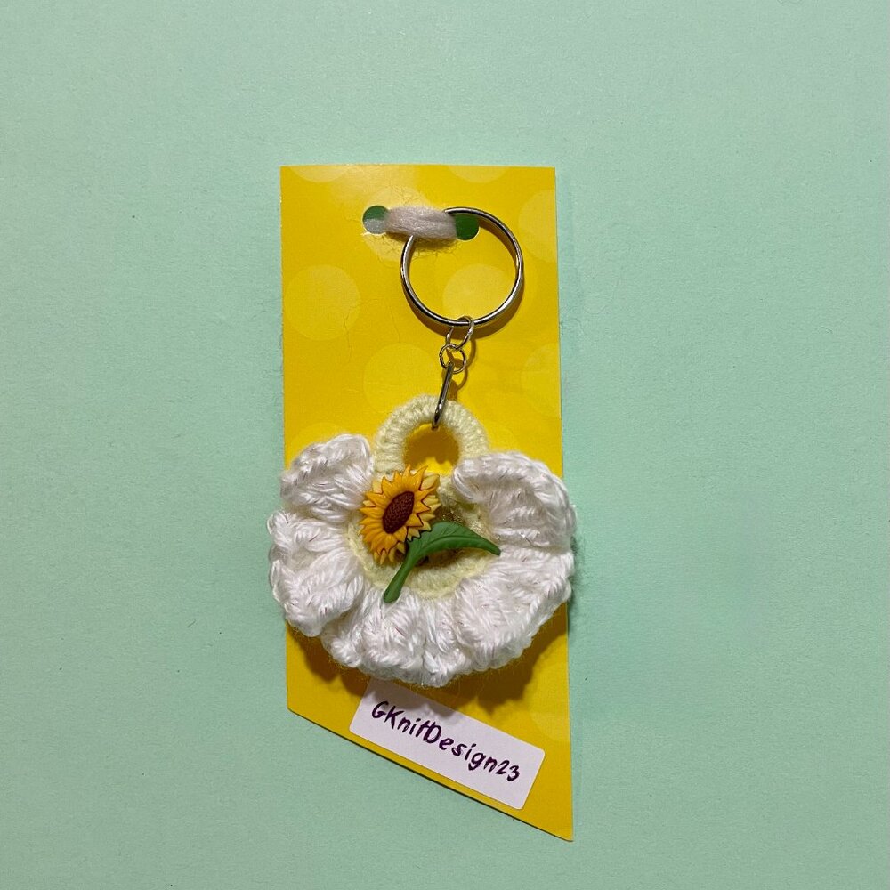 Sunflower Keychain Charm, Crochet Handmade Backpack Charm